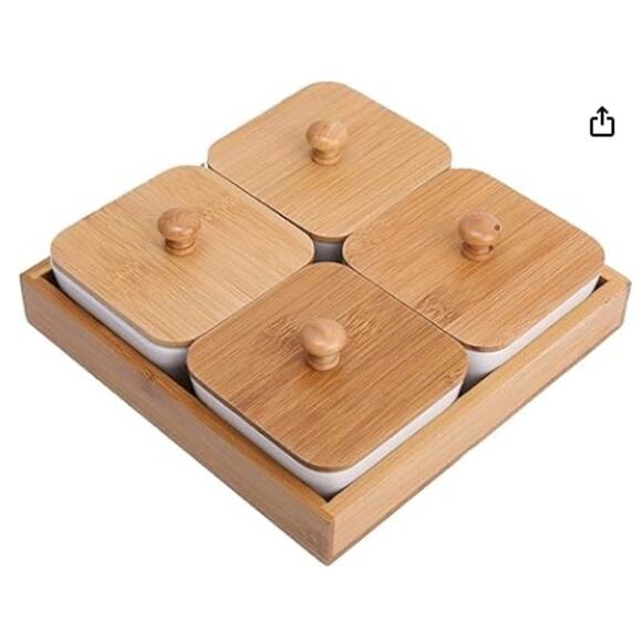 Unopened/Sealed Ceramic Divided Serving Dishes with Lids and Bamboo Tray- White - Picture 6 of 6